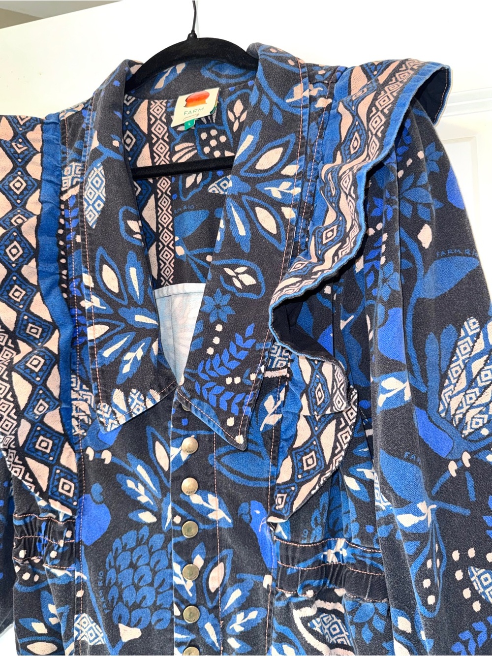 FARM Rio Macaw Forest Tropical Jumpsuit Black Blue Cotton Sz M - Picture 8 of 11